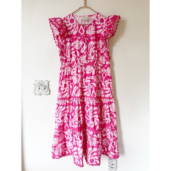 Sail to Sable Pink and White Ric Rac Tiered Ruffle Sleeve Midi Dress L - Picture 5 of 9